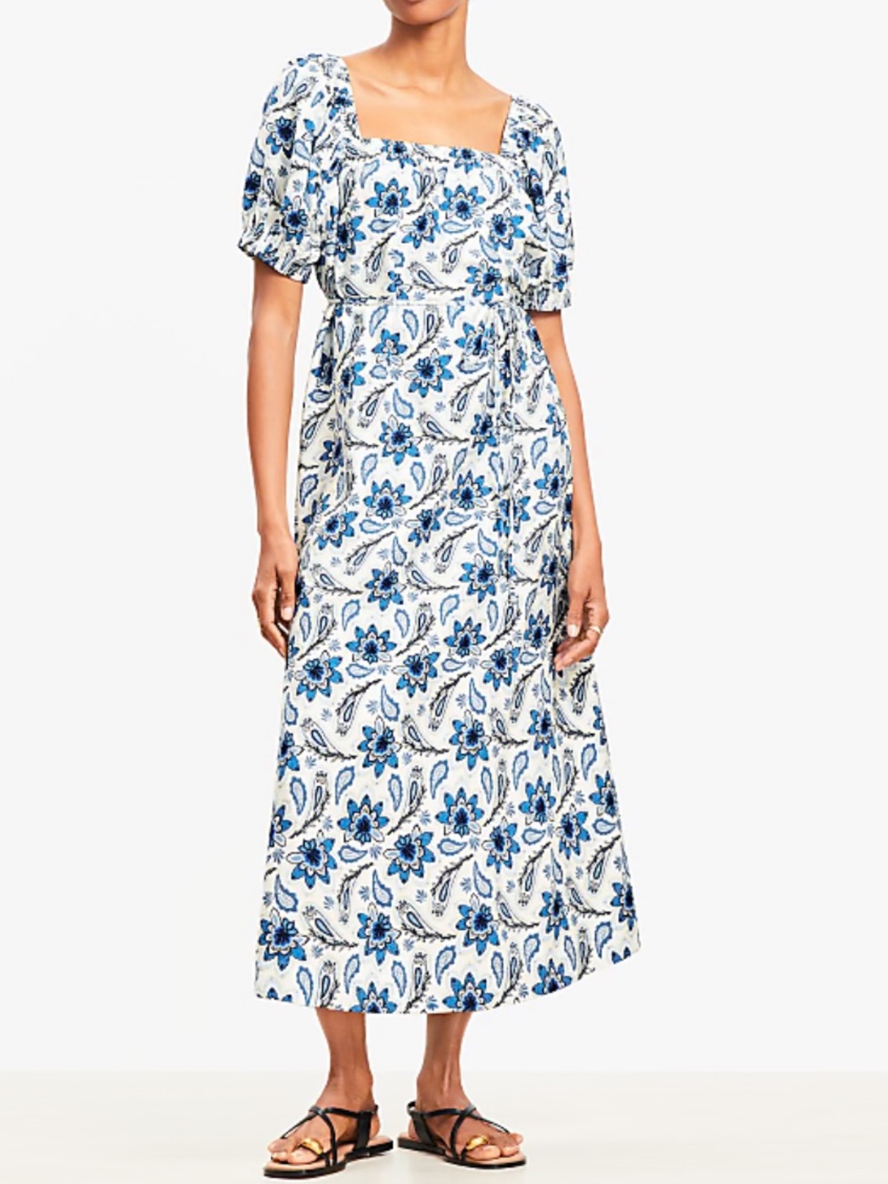 NWT LOFT Paisley Smocked Square Neck Midi Dress L Blue Floral Boho Summer